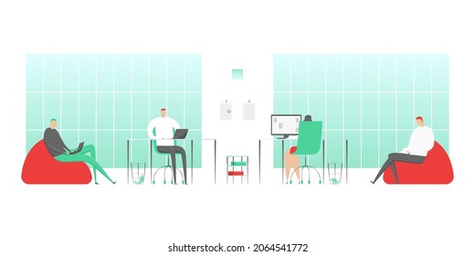 Büroroutine. Mitarbeiter, die an Laptops arbeiten. Vektorgrafik.