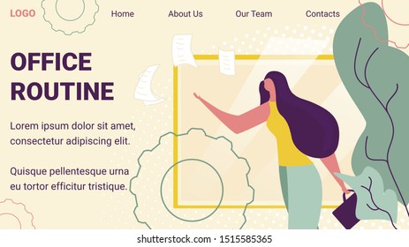 Office Routine Horizontal Banner. Young Business Woman Holding Brief Case Throwing Out Paper Documents Blanks. Everyday Bored Work and Job Responsibilities in Office. Cartoon Flat Vector Illustration