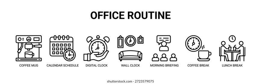 Office Rotina web banner ícone vetor ilustração conceito com ícones de caneca de café, calendário, relógio digital, relógio de parede, briefing matinal, pausa para o café, intervalo para o almoço.