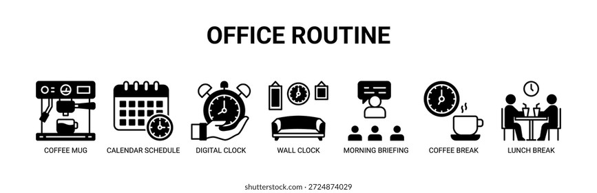 Office Rotina web banner ícone vetor ilustração conceito com ícones de caneca de café, calendário, relógio digital, relógio de parede, briefing matinal, pausa para o café, intervalo para o almoço.