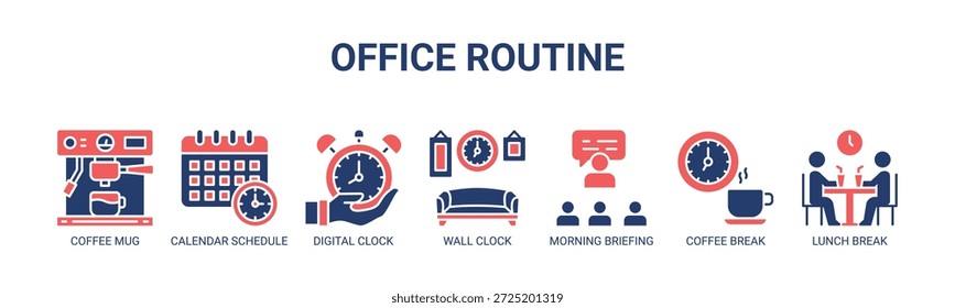 Office Rotina web banner ícone vetor ilustração conceito com ícones de caneca de café, calendário, relógio digital, relógio de parede, briefing matinal, pausa para o café, intervalo para o almoço.