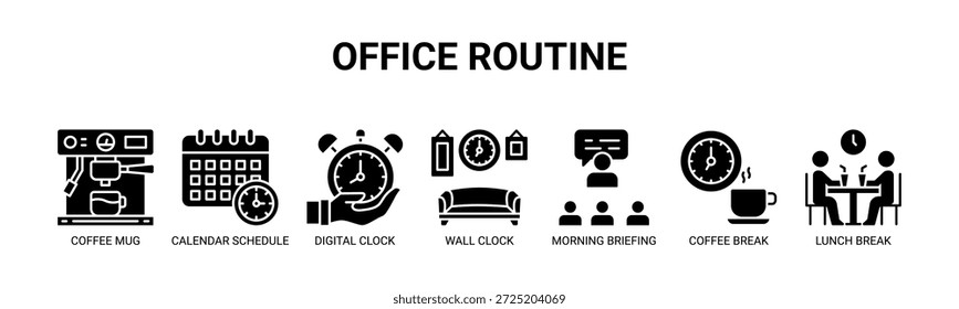 Office Rotina web banner ícone vetor ilustração conceito com ícones de caneca de café, calendário, relógio digital, relógio de parede, briefing matinal, pausa para o café, intervalo para o almoço.