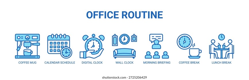 Office Rotina web banner ícone vetor ilustração conceito com ícones de caneca de café, calendário, relógio digital, relógio de parede, briefing matinal, pausa para o café, intervalo para o almoço.