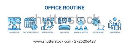 Office Routine web banner icon vector illustration concept with icons of coffee mug, calendar schedule, digital clock, wall clock, morning briefing, coffee break, lunch break.