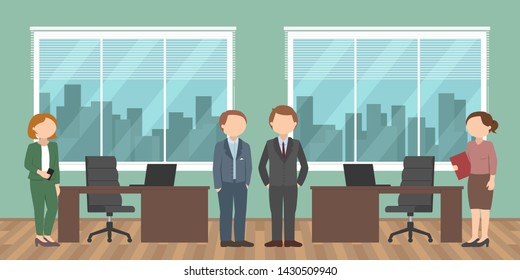 Office routine. Working day. Employees standing near desk. Vector illustration.