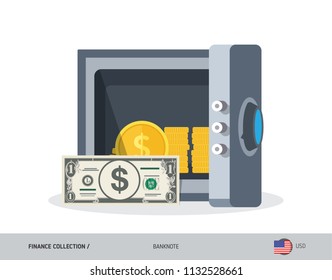 Office safe with 1 US Dollar Banknote. Flat style vector illustration. Safe money concept.