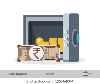 Office safe with 10 Indian Rupee Banknote. Flat style vector illustration. Safe money concept.