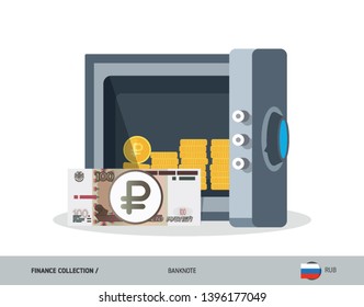 Office safe with 100 Russian Ruble banknote. Flat style vector illustration. Safe money concept.