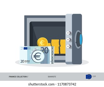 Office safe with 20 Euro Banknote. Flat style vector illustration. Safe money concept.