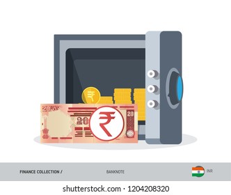 Office safe with 20 Indian Rupee Banknote. Flat style vector illustration. Safe money concept.