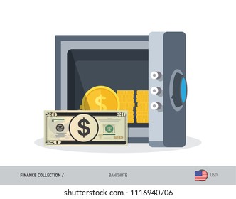 Office safe with 20 US Dollar Banknote. Flat style vector illustration. Safe money concept.