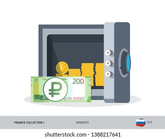 Office safe with 200 Russian Ruble banknote. Flat style vector illustration. Safe money concept.