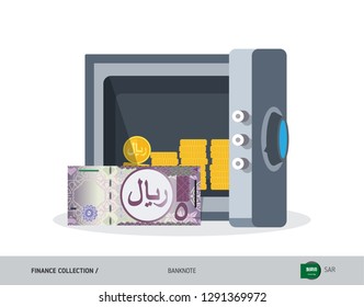 Office safe with 5 Saudi Arabia Riyal. Flat style vector illustration. Safe money concept.