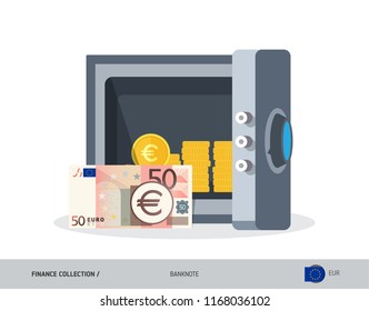 Office safe with 50 Euro Banknote. Flat style vector illustration. Safe money concept.