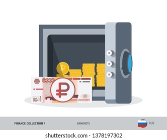 Office safe with 5000 Russian Ruble banknote. Flat style vector illustration. Safe money concept.