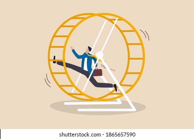 Office salary man work in loop with no career path, tried or fatigue of overwork, inefficient or work hard trap that never finish concept, frustrated businessman in hurry running in rat race wheel.