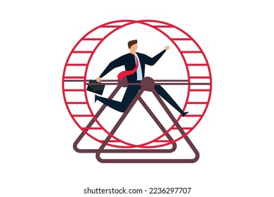Office salary man work in loop with no career path, frustrated businessman in hurry running in rat race wheel.