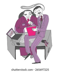 Office scene with boss and cunning worker illustration.