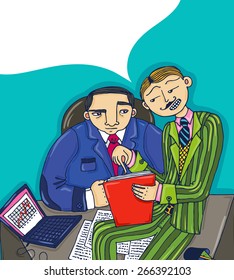 Office scene with boss and cunning worker illustration.