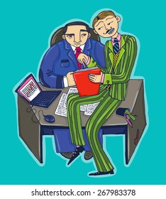 Office scene with boss and cunning worker illustration.