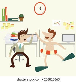 Office scene with businessman going vacation and his friend has busy work. vector design illustration.
