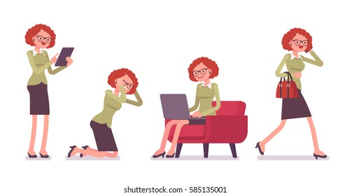 Office scene with busy young female typical office worker in a business smart casual wear, talking on phone, walking, sitting with laptop, standing with tablet, full length, isolated, white background