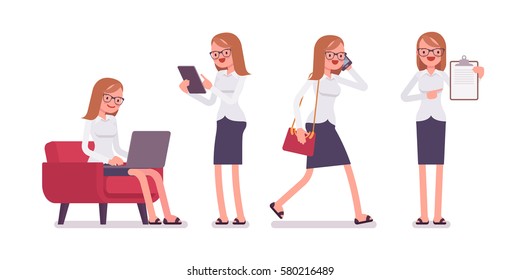 Office scene with busy young happy female clerk, talking on phone, walking, pointing to the clipboard, sitting with laptop, standing with tablet, full length, isolated against white background