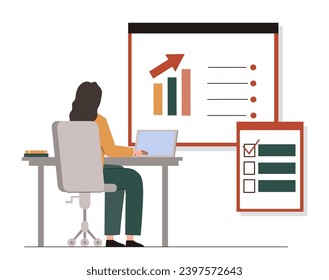 Office scene concept. Teamwork, colleagues and partners. Financial occupation. Woman with laptop look at graphs and infographics. Cartoon flat vector illustration isolated on white background