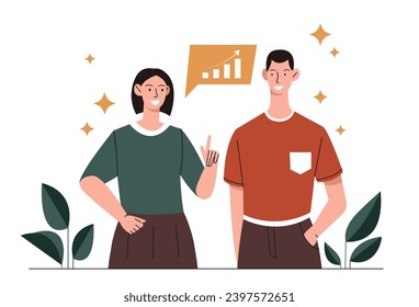 Office scene concept. Teamwork, colleagues and partners. Financial occupation. Man and woman discuss project. Poster or banner. Cartoon flat vector illustration isolated on white background