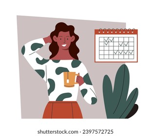 Office-Szenenkonzept. Teamwork, Kollegen und Partner. Finanzielle Besetzung. Frau mit Tasse heißen Getränken und Kalender. Cartoon-FlachVektorgrafik einzeln auf weißem Hintergrund