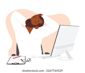 Office Scene Featuring Male Character Workout, Stretch Spine and Neck Sitting at Desk. Concept of Physical Activity, Healthy Work Habits, Or Office Fitness Programs. Cartoon People Vector Illustration