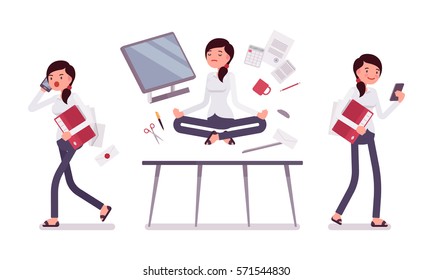 Office scene with female clerk, busy talking on phone and relaxed in yoga lotus pose, levitating over working desk with computer and office supplies, full length, isolated against white background