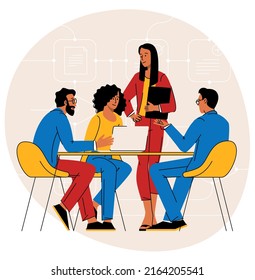 Office scene. Managers are discussing business issues, negotiation, brainstorming, talking to each other, working in office. Flat design teamwork vector concept.