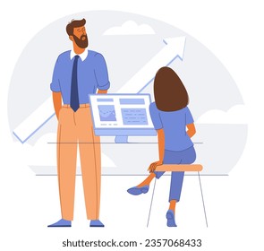 Office scene. Managers are discussing business issues, negotiation, brainstorming, talking to each other, working in office. Flat design teamwork vector concept.