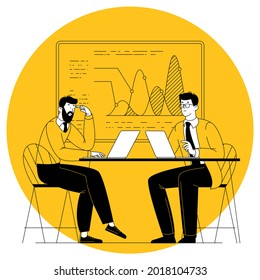 Escena de Office. Directores que participan en reuniones de negocios, negociación, lluvia de ideas, charlas entre ellos, trabajando en el cargo. Concepto de vector de trabajo en equipo de diseño plano.