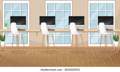 Büroszene mit vielen Computern auf der Tischgrafik