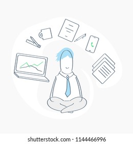 Office scene with Meditating cute Manager Relaxed in Yoga lotus pose, computer and office supplies levitating around character while he concentrating. Flat line Isolated vector illustration design.