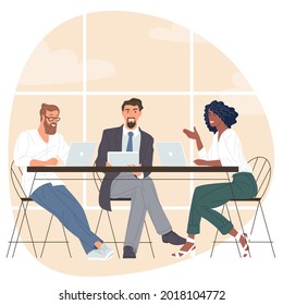 Office scene. Men and women taking part in business meeting, negotiation, brainstorming, talking to each other, working in office. Flat design teamwork vector concept.