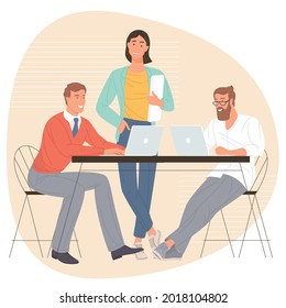 Office scene. Men and women taking part in business meeting, negotiation, brainstorming, talking to each other, working in office. Flat design teamwork vector concept.