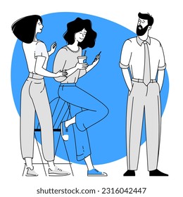 Office scene. Men and women taking part in business meeting, negotiation, brainstorming, talking to each other, working in office. Flat design teamwork vector concept.
