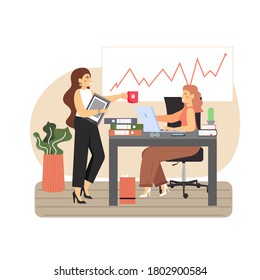 Office scene with modern workplace, two business women colleagues taking coffee break and talking to each other, vector flat illustration. Work schedule, lunch time, office situation, time management.