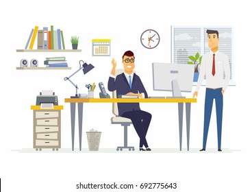 Office Scene - Vector Illustration Of A Business Situation. Cartoon People Characters Of Young, Male Colleagues, Men, Partners Discussing Work. Manager, Supervisor, Specialist Talking, Giving Ideas