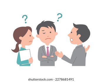 Office scene where employees have a meeting question mark