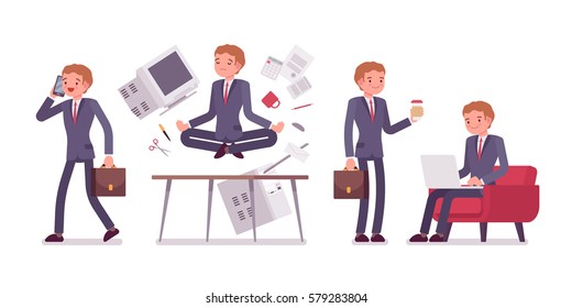 Office scene with young businessman, busy talking on phone and relaxed in yoga lotus pose, levitating over working desk with computer, sitting with laptop, full length, isolated, white background