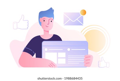 Office scene with young male character working on web interface. Concept of men and women taking part in business meeting, negotiation, brainstorming, communicating. Flat cartoon vector illustration