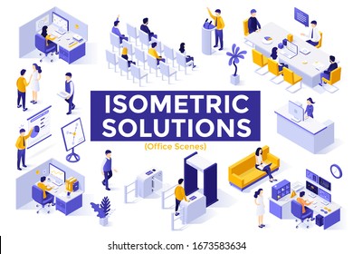 Office scenes - clerks working on computer, corporate meeting, person making business presentation. Set of isometric design elements or objects isolated on white background. Vector illustration.