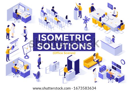 Office scenes - clerks working on computer, corporate meeting, person making business presentation. Set of isometric design elements or objects isolated on white background. Vector illustration.