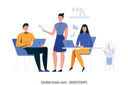 Office scenes composition with female employee assigning work tasks to coworkers vector illustration