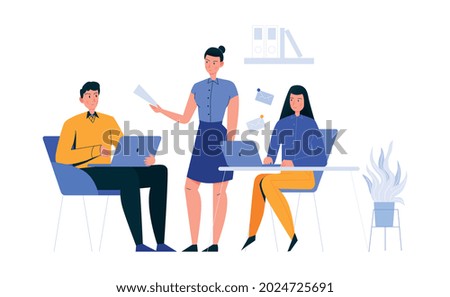 Office scenes composition with female employee assigning work tasks to coworkers vector illustration