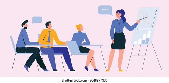 Office scenes composition with view of business meeting with colleagues Free Vector of coworkers discussing strategy at board
